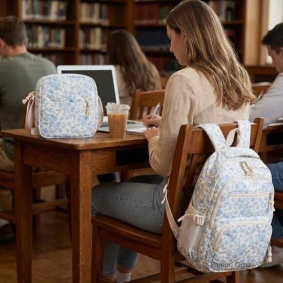 Quilted Floral Backpack Set with Laptop Compartment and Multiple Pockets main image 6